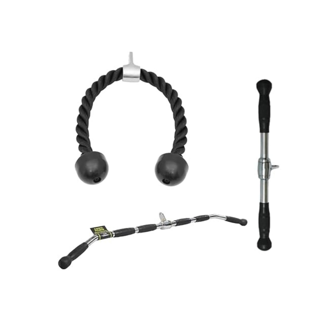 GAMMA FITNESS Bicep/Tricep Handle, LAT Pull Down Handle, and Tricep Rope Combo Pack| Upper Body Workout| Machine Attachment for Commercial Gym or Home
