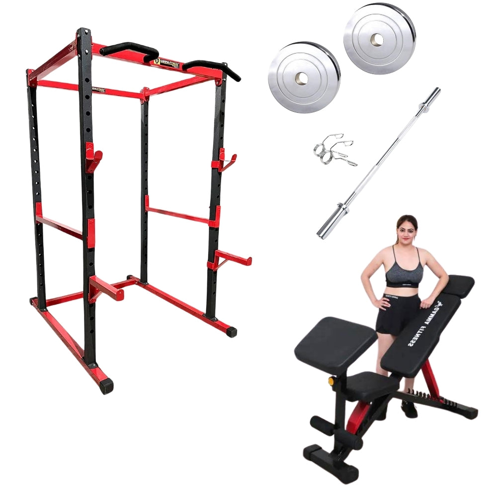Power Squat Rack PR-04 Combo With Olympic Feet Barbell, Adjustable Bench MB-600 Steel Weight Plates