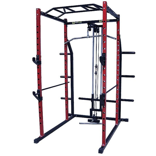 Gamma Fitness Steel Power Squat Rack PR-27 with LATS Pull Down, Rowing Land Mine, Multi-Step Chinning for Home Gym Or Commercial Gym Purpose (Red & Black)