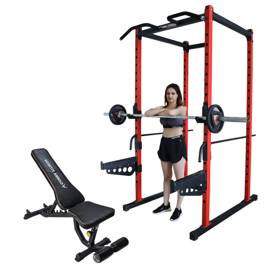 Gamma Fitness Power Squat Rack PR-04 Luxury with Semi Commercial Adjustable Gym Bench AB-201| for Home Gym|