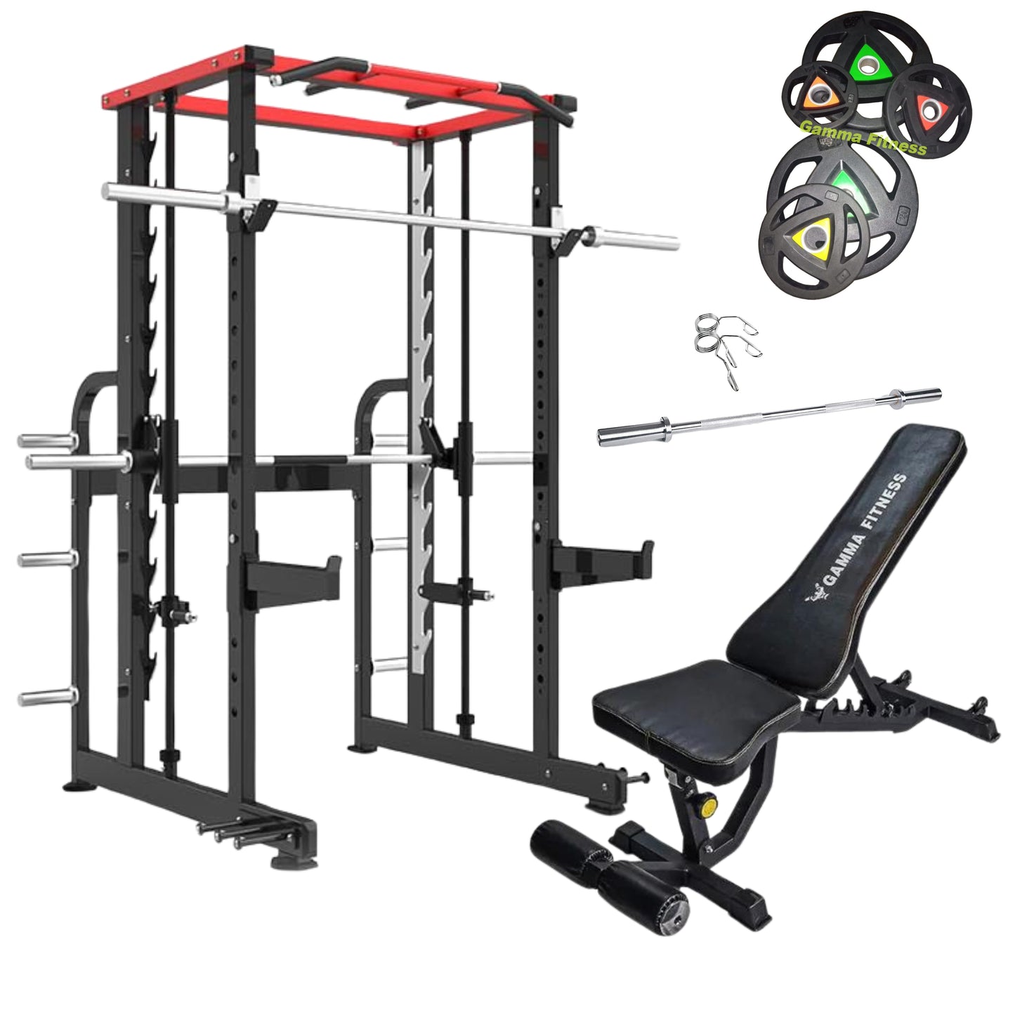Power squat rack with smith machine PRS-201, Adjustable Bench AB-201, 7Ft Olympic Barbell & Olympic Rubber coated plates for Semi commercial Workout or Home Gym
