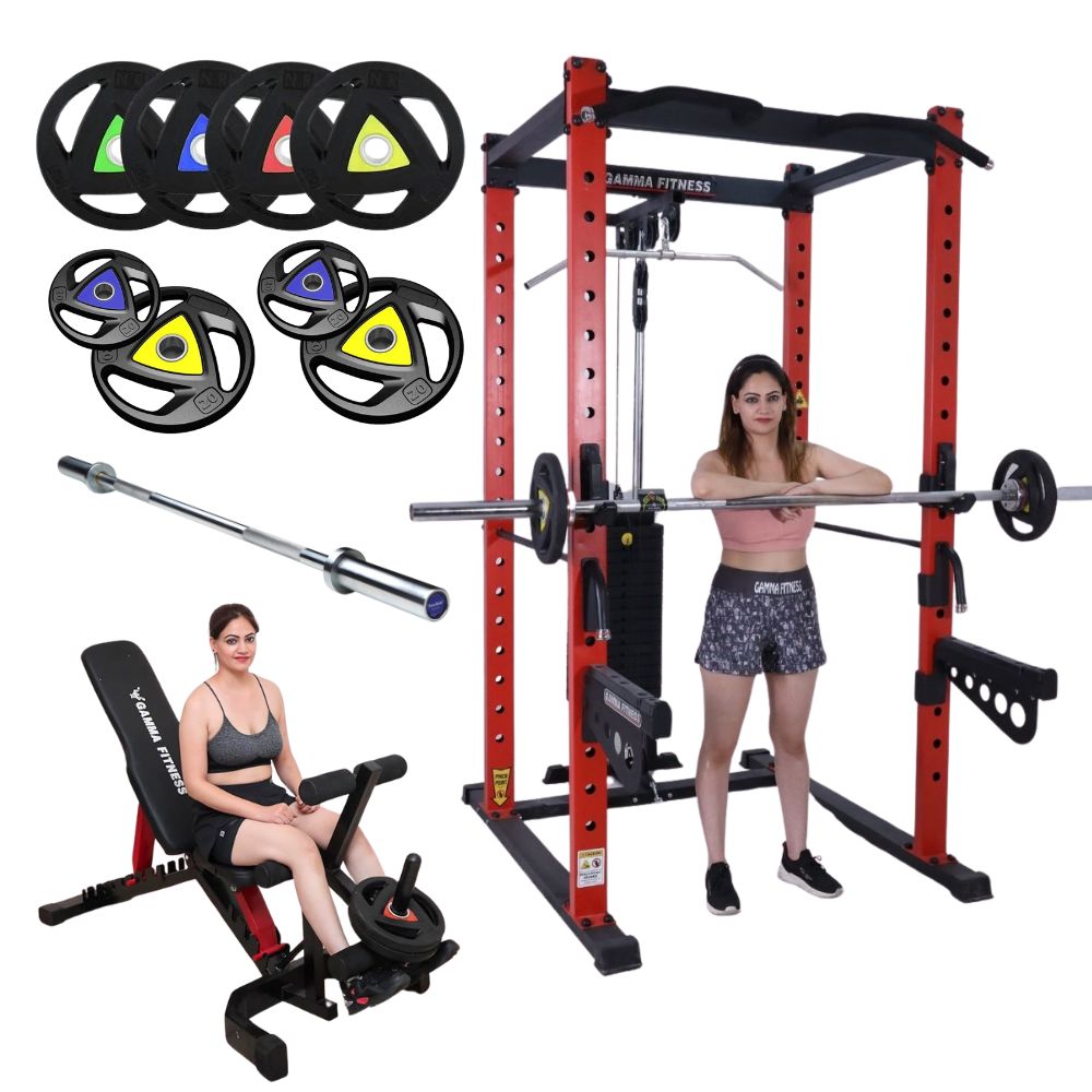 Power Squat Rack PR-42 Combo With Olympic Feet Barbell, Adjustable Bench MB-400 Rubber Coated Weight Plates