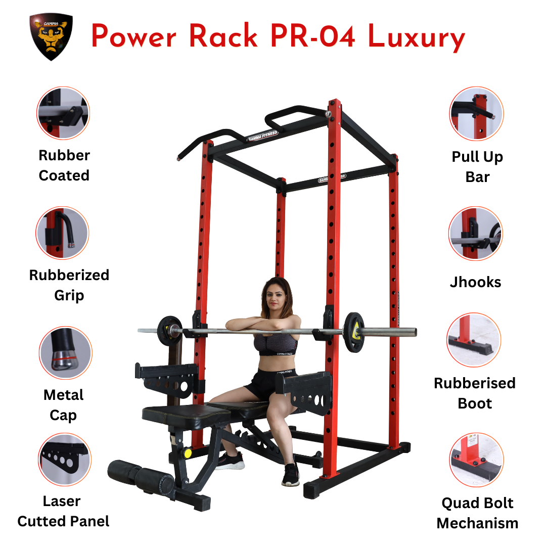 Power Squat Rack PR-04 Combo With Olympic 7 Feet Barbell, Adjustable Bench MB-600 & Rubber Coated Weight Plates