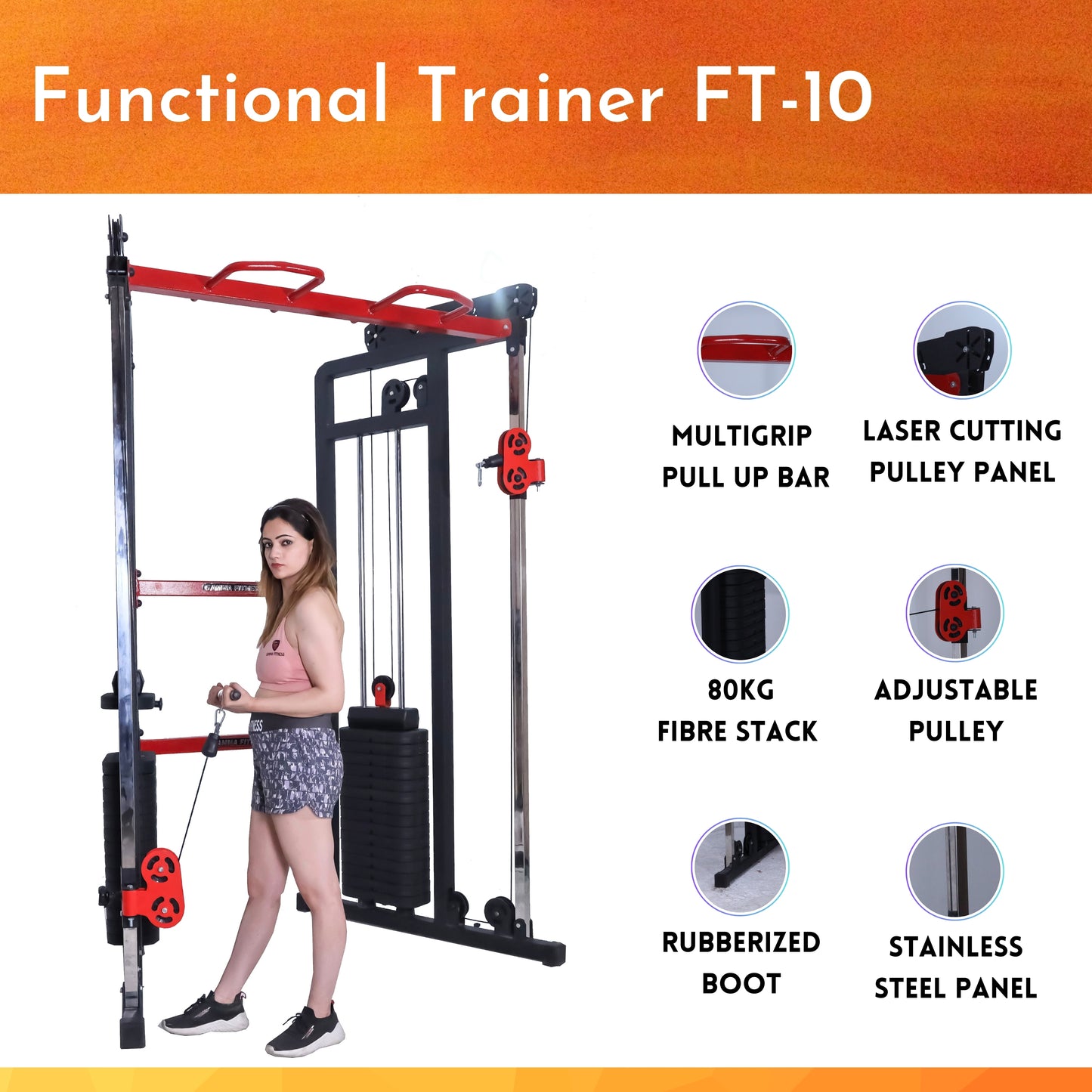 Functional Trainer FT-10 for Semi Commercial or Home Gym Setup with Stainless Steel Panels & Imported Accessories.