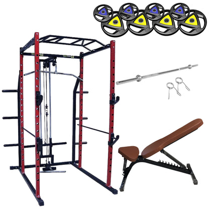 Power Rack With Lats Pull Down Package PR-27, AB-101 Bench, Rubber Coated Weight Plates & 7Ft Standard Barbell