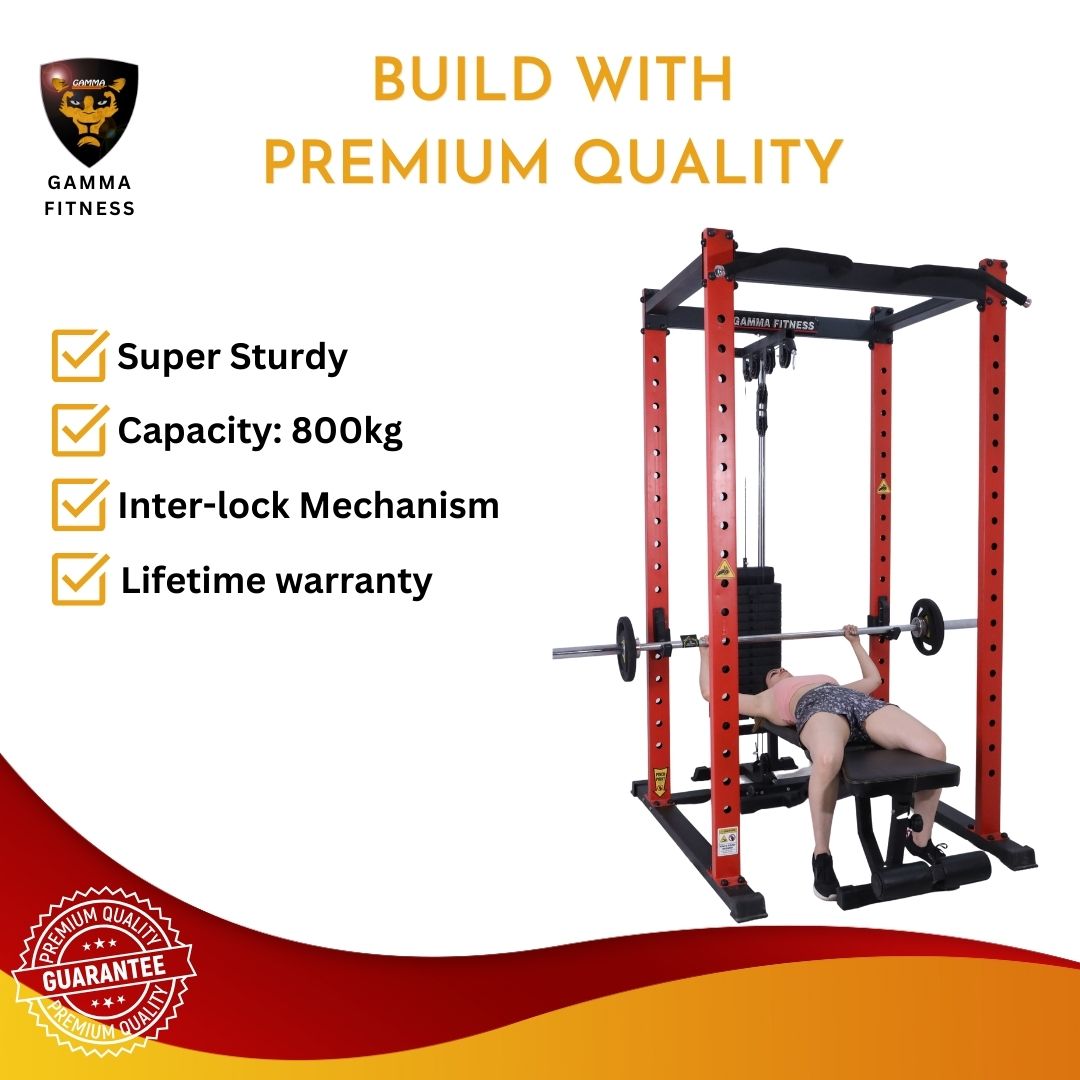 Power Squat Rack PR-42 Combo With Olympic 7 Feet Barbell, Adjustable Bench MB-400 & Rubber Coated Weight Plates