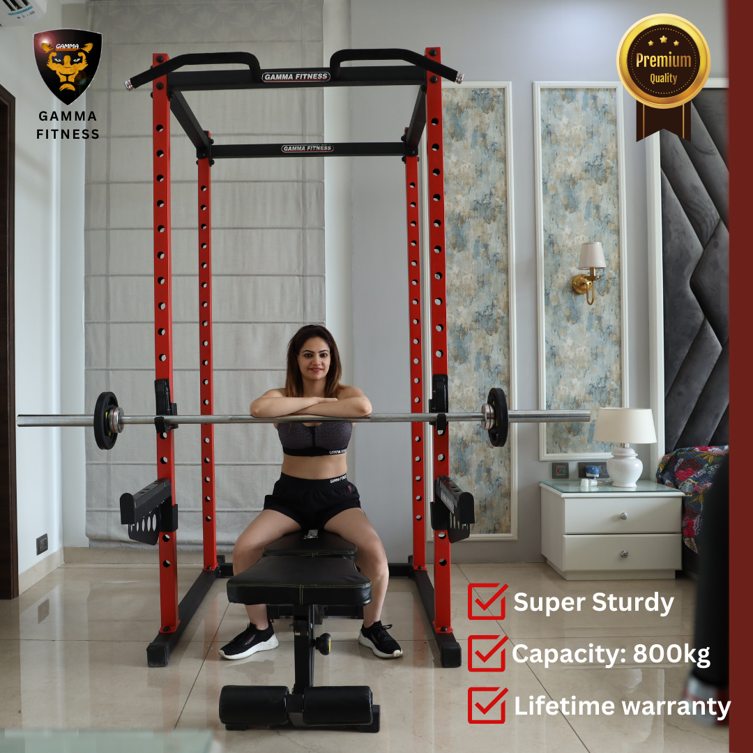 Power Squat Rack PR-04 Combo With Olympic 7 Feet Barbell, Adjustable Bench MB-600 & Rubber Coated Weight Plates