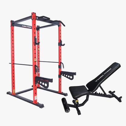 GAMMA FITNESS Power Squat Rack PR-54 with Semi Commercial Adjustable Gym Bench AB-201| Two Combo Pair for Home Gym| Power Squat Rack for Total Body Workout||