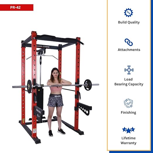 Gamma Fitness Power Squat Rack PR-42 Package with Adjustable Gym Bench, Olympic Rubber Coated Plates and 7 Feet Olympic Rod for Professional Home Gym Setup Machine PRC-42