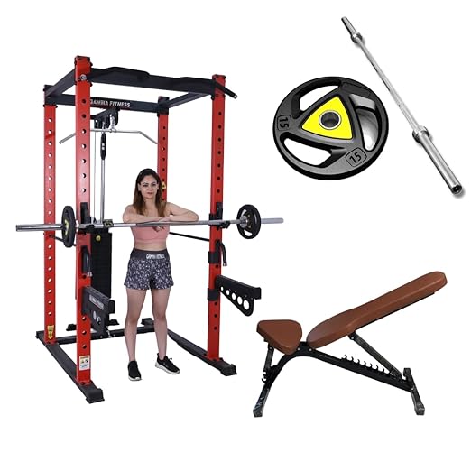 Gamma Fitness Power Squat Rack PR-42 Package with Adjustable Gym Bench, Olympic Rubber Coated Plates and 7 Feet Olympic Rod for Professional Home Gym Setup Machine PRC-42