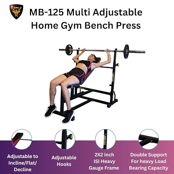 GAMMA FITNESS MB-125 Multi Adjustable Incline/Flat/Decline Home Gym Bench Press - Gym Size Bench For Heavy Usage