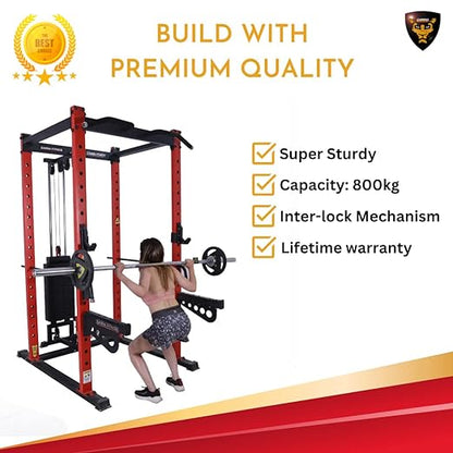 Gamma Fitness Power Squat Rack PR- 22 Luxury|Power Squat Rack with J- Hooks and Rubberised Boot | Power Squat Rack With Commercial Frame and Weight Stack|