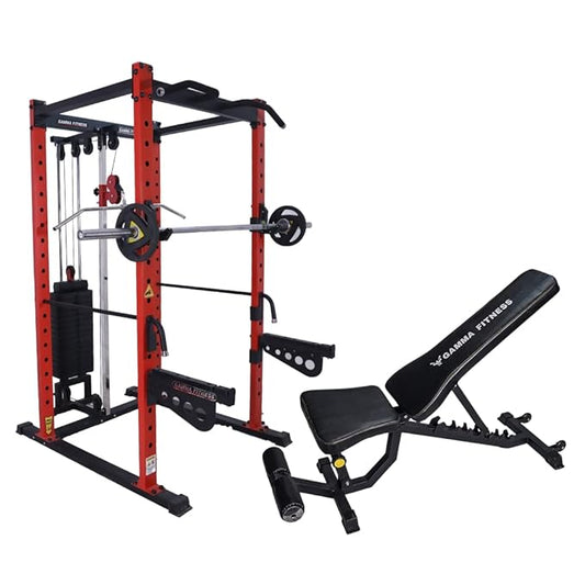 GAMMA FITNESS Power Squat Rack PR- 22 Luxury with Semi Commercial Adjustable Gym Bench AB-201 for Heavy Workout at Home Gym with J- Hooks and Rubberised Boot