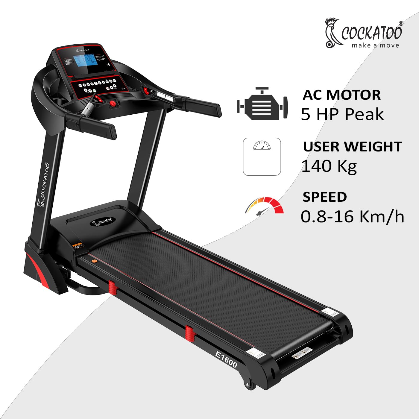 E1600 2.25 HP- 4.5 HP (Peak) AC, Incline - 15% Auto Incline, Max User Weight 140 KG