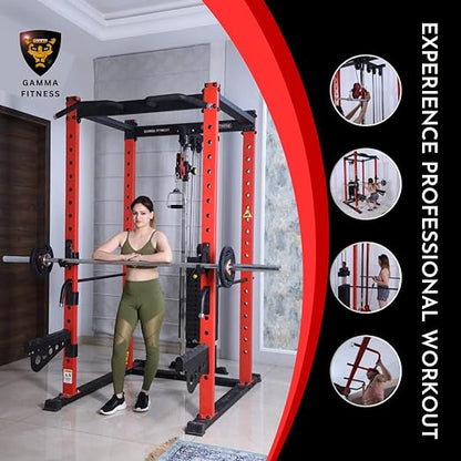 Gamma Fitness Power Squat Rack PR- 22 Luxury|Power Squat Rack with J- Hooks and Rubberised Boot | Power Squat Rack With Commercial Frame and Weight Stack|