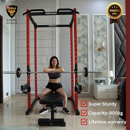 Gamma Fitness Power Squat Rack PR-04 Luxury with Semi Commercial Adjustable Gym Bench AB-201| for Home Gym|