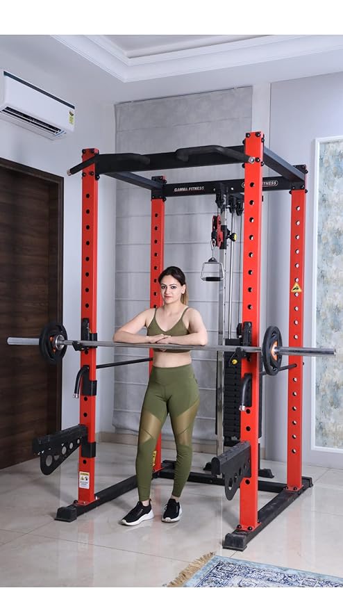 Gamma Fitness Power Squat Rack PR- 22 Luxury|Power Squat Rack with J- Hooks and Rubberised Boot | Power Squat Rack With Commercial Frame and Weight Stack|