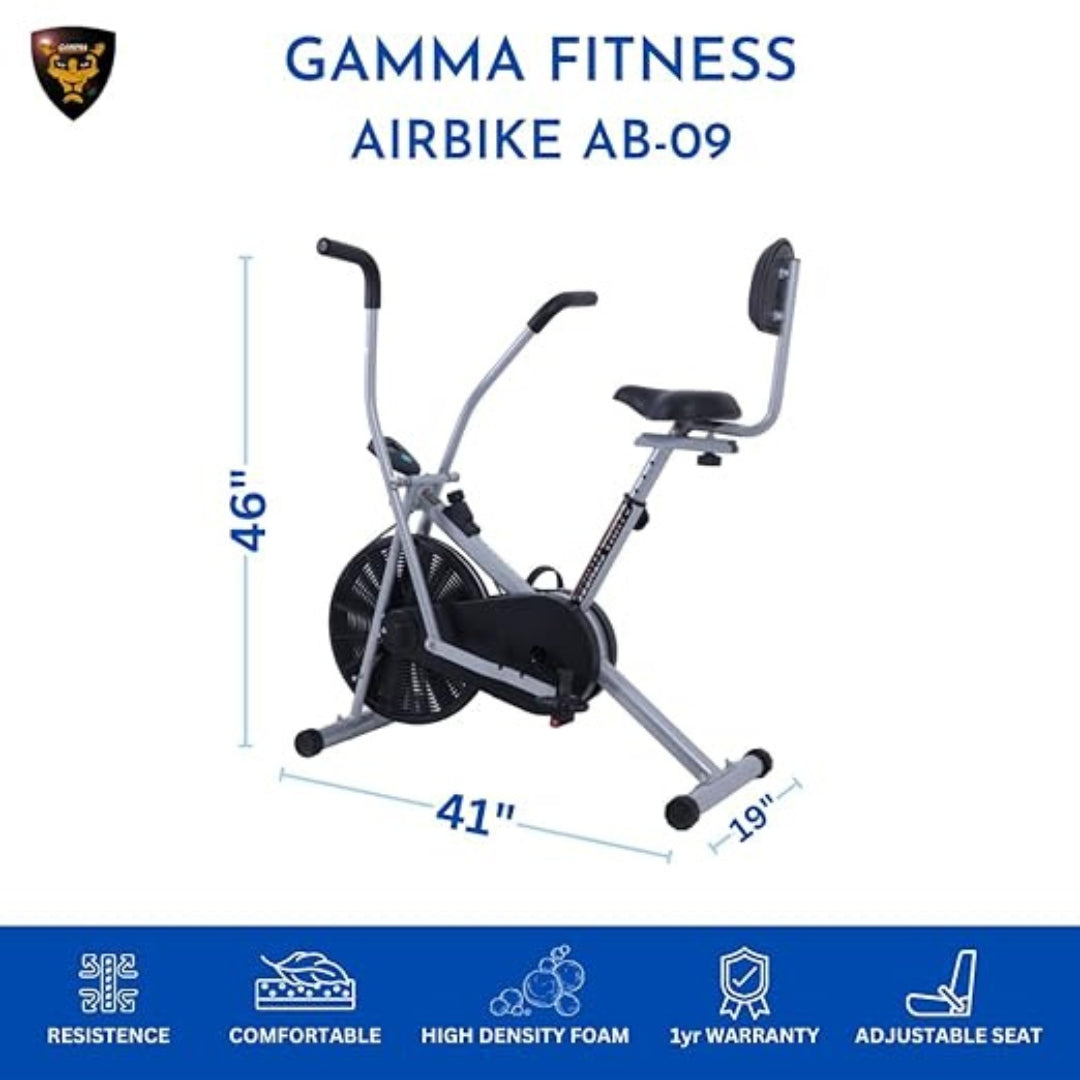 Gamma Fitness AB-09 | Air Bike With Back Support | Exercise Machine for Home Gym | Comfortable Seat and Adjustable Resistance|