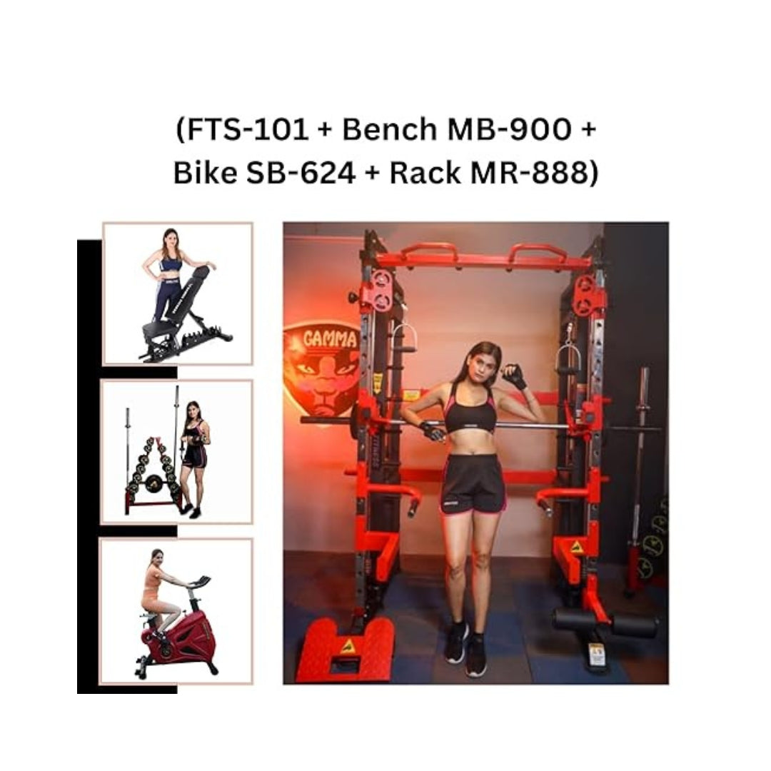 Gamma Fitness Complete Gym Setup | Commercial Grade Equipments | All in One Gym Machine | for Office, Hotel, Society Gym, Resorts & Home Gym (FTS-101 + Bench MB-900 + Bike SB-624 + Rack MR-888)