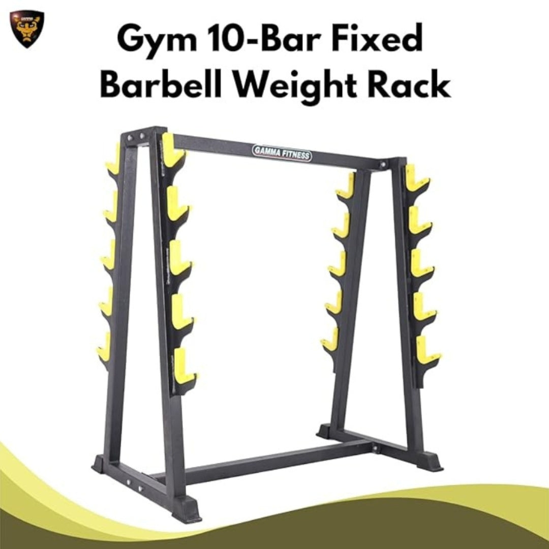 Gamma Fitness Gym 10-Bar Fixed Barbell Weight Rack - Heavy-Duty Storage Holder for Straight & EZ Curl Pre-Weighted Bars BR-401