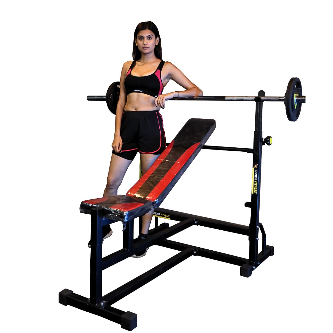 Gamma Fitness MB-125 Bench Combo With Rubber Coated Weight Plate, 7FT Rod, 4FT Curl Rod, Dumbbell Rod