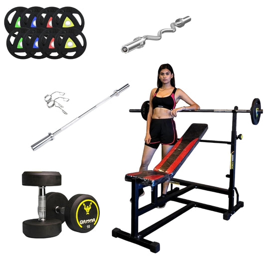 Gamma Fitness MB-125 Bench Combo With Olympic Rubber Coated Weight Plate,Olympic 7FT Straight Rod, Olympic 4FT Curl Rod