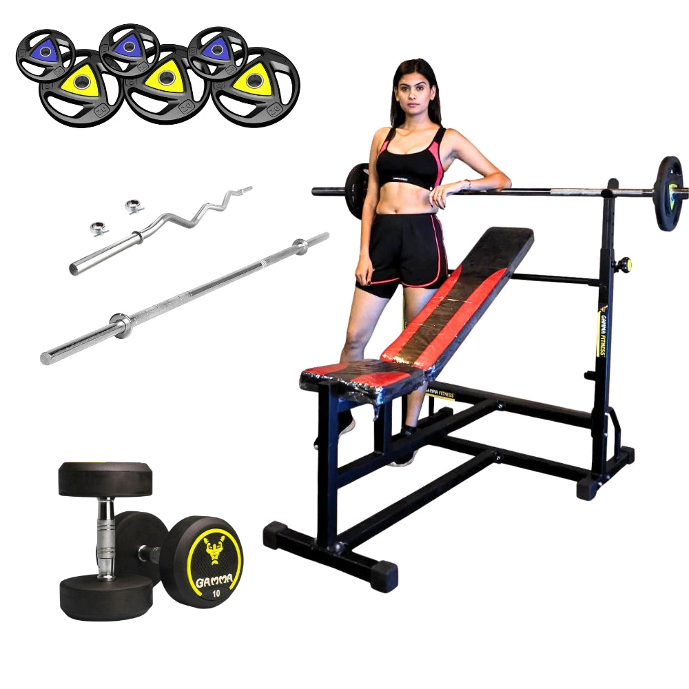 Gamma Fitness MB-125 Bench Combo With Rubber Coated Weight Plate, 7FT Rod, 4FT Curl Rod, Dumbbell Rod