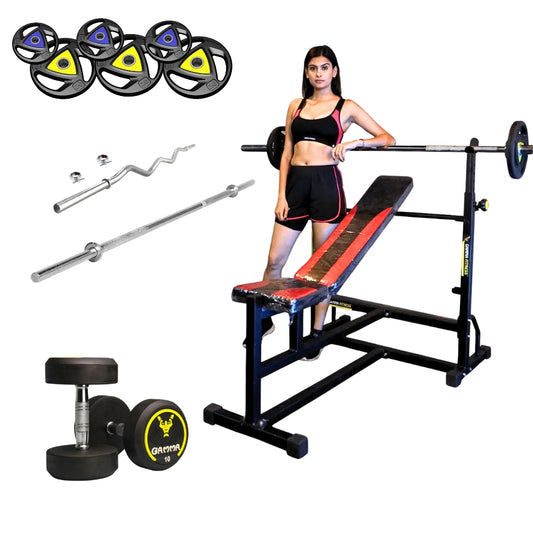 Gamma Fitness MB-125 Bench Combo With Rubber Coated Weight Plate, 7FT Rod, 4FT Curl Rod, Dumbbell Rod