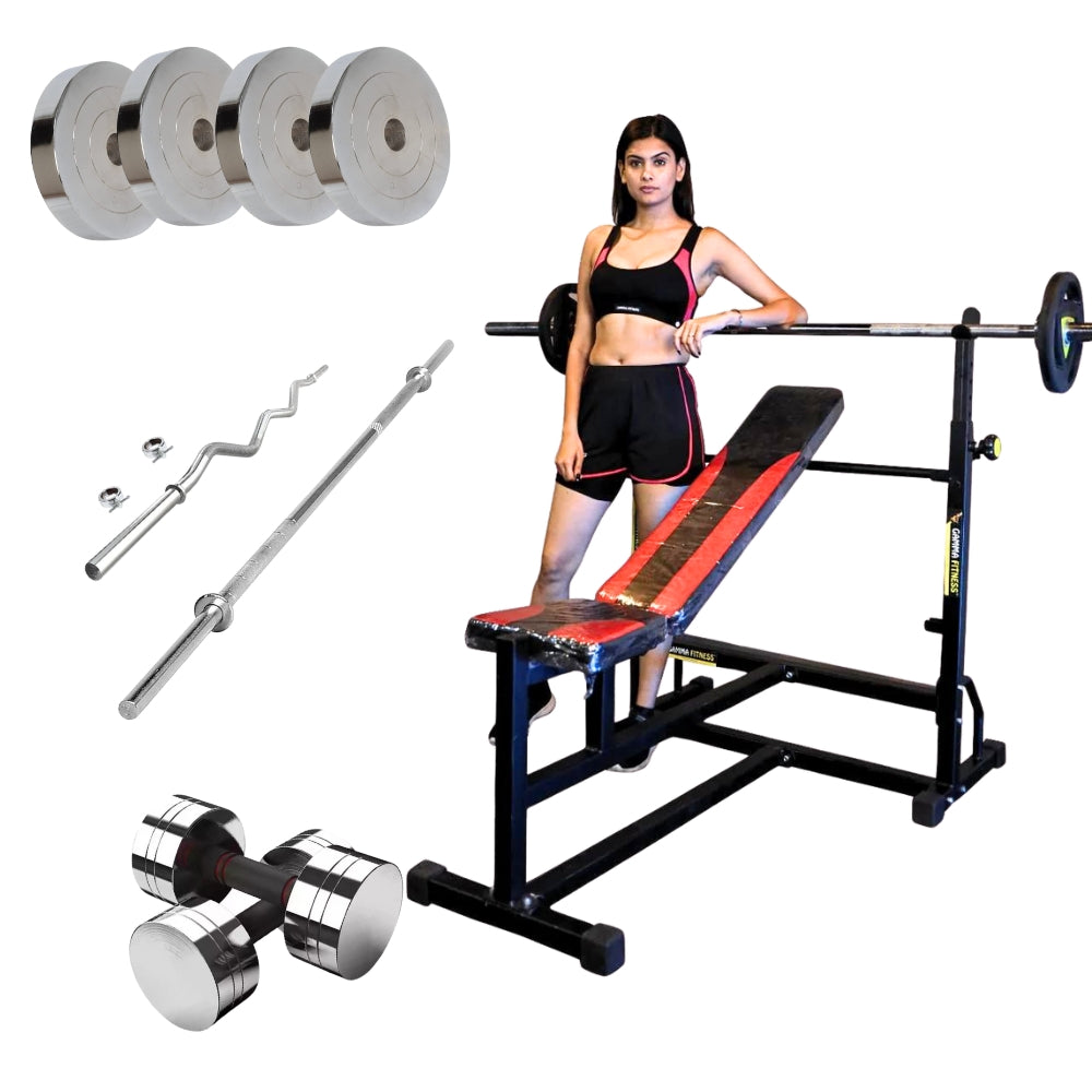 Gamma Fitness MB-125 Bench Combo With Steel Weight Plate, 7FT Straight Rod, 4FT Curl Rod, Dumbbell Rod