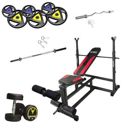 Gamma Fitness MB-127 Bench Combo With Olympic Rubber Coated Weight Plate, Olympic 7FT Straight Rod, Olympic 4FT Curl Rod