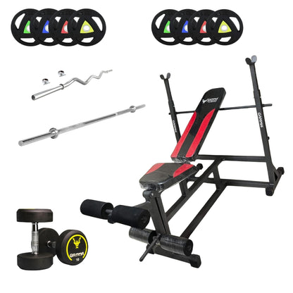 Gamma Fitness MB-127 Bench Combo With Rubber Coated Weight Plate, 7FT Straight Rod, 4FT Curl Rod and Dumbbell Rods