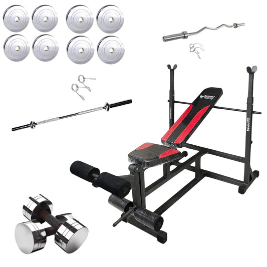 Gamma Fitness MB-127 Bench Combo With Olympic Steel Weight Plate, Olympic 7FT Straight Rod, Olympic 4FT Curl Rod