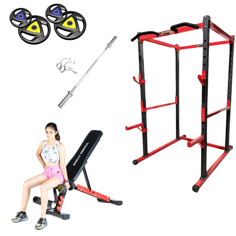 Power Squat Rack PR-04 Combo With Olympic 7 Feet Barbell, Adjustable Bench MB-300 & Rubber Coated Weight Plates