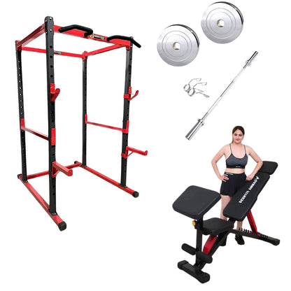 Power Squat Rack PR-04 Combo With Olympic 7 Feet Barbell, Adjustable Bench MB-600 & Steel Weight Plates