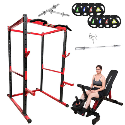 Power Squat Rack PR-04 Combo With Olympic 7 Feet Barbell, Adjustable Bench MB-400 & Rubber Coated Weight Plates