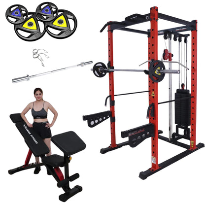 Power Squat Rack PR-22 Combo With Olympic 7 Feet Barbell, Adjustable Bench MB-600 & Rubber Coated Weight Plates