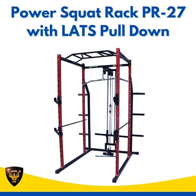 Gamma Fitness Steel Power Squat Rack PR-27 with LATS Pull Down, Rowing Land Mine, Multi-Step Chinning for Home Gym Or Commercial Gym Purpose (Red & Black)