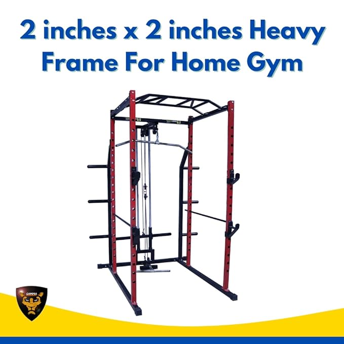 Gamma Fitness Steel Power Squat Rack PR-27 with LATS Pull Down, Rowing Land Mine, Multi-Step Chinning for Home Gym Or Commercial Gym Purpose (Red & Black)