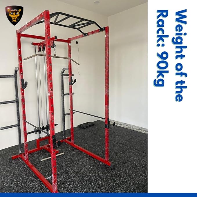 Gamma Fitness Steel Power Squat Rack PR-27 with LATS Pull Down, Rowing Land Mine, Multi-Step Chinning for Home Gym Or Commercial Gym Purpose (Red & Black)