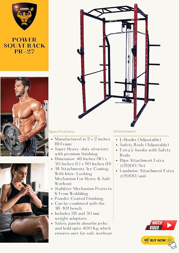 Gamma Fitness Steel Power Squat Rack PR-27 with LATS Pull Down, Rowing Land Mine, Multi-Step Chinning for Home Gym Or Commercial Gym Purpose (Red & Black)