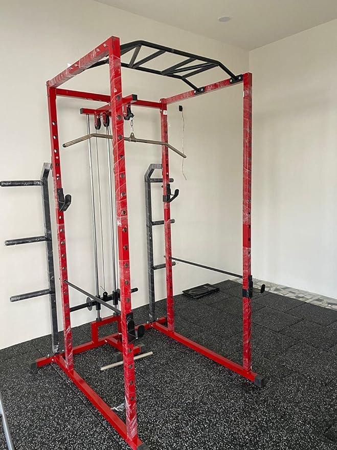 Gamma Fitness Steel Power Squat Rack PR-27 with LATS Pull Down, Rowing Land Mine, Multi-Step Chinning for Home Gym Or Commercial Gym Purpose (Red & Black)