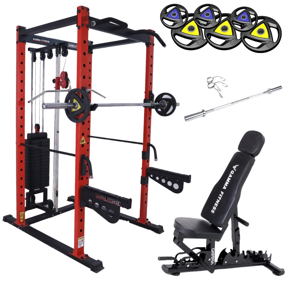 Power Squat Rack PR-22 Combo With Olympic 7 Feet Barbell, Adjustable Bench MB-900 & Rubber Coated Weight Plates