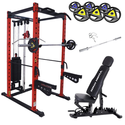 Power Squat Rack PR-22 Combo With Olympic 7 Feet Barbell, Adjustable Bench MB-900 & Rubber Coated Weight Plates