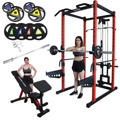 Power Squat Rack PR-04 Combo With Olympic 7 Feet Barbell, Adjustable Bench MB-600 & Rubber Coated Weight Plates