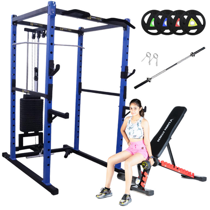 Power Squat Rack PR-40 FS Combo With Olympic 7 Feet Barbell, Adjustable Bench MB-300 & Rubber Coated Weight Plates