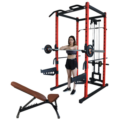 Gamma Fitness Power Rack PR-40 with Adjustable Bench AB-101 for Home Gym Equipment