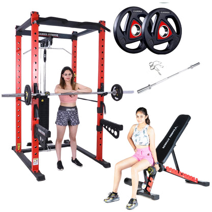 Power Squat Rack PR-42 Combo With Olympic 7 Feet Barbell, Adjustable Bench MB-300 & Rubber Coated Weight Plates