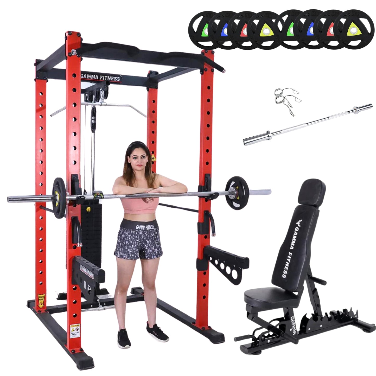 Power Squat Rack PR-42 Combo With Olympic 7 Feet Barbell, Adjustable Bench MB-900 & Rubber Coated Weight Plates