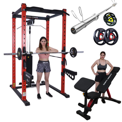 Power Squat Rack PR-42 Combo With Olympic 7 Feet Barbell, Adjustable Bench MB-600 & Rubber Coated Weight Plates