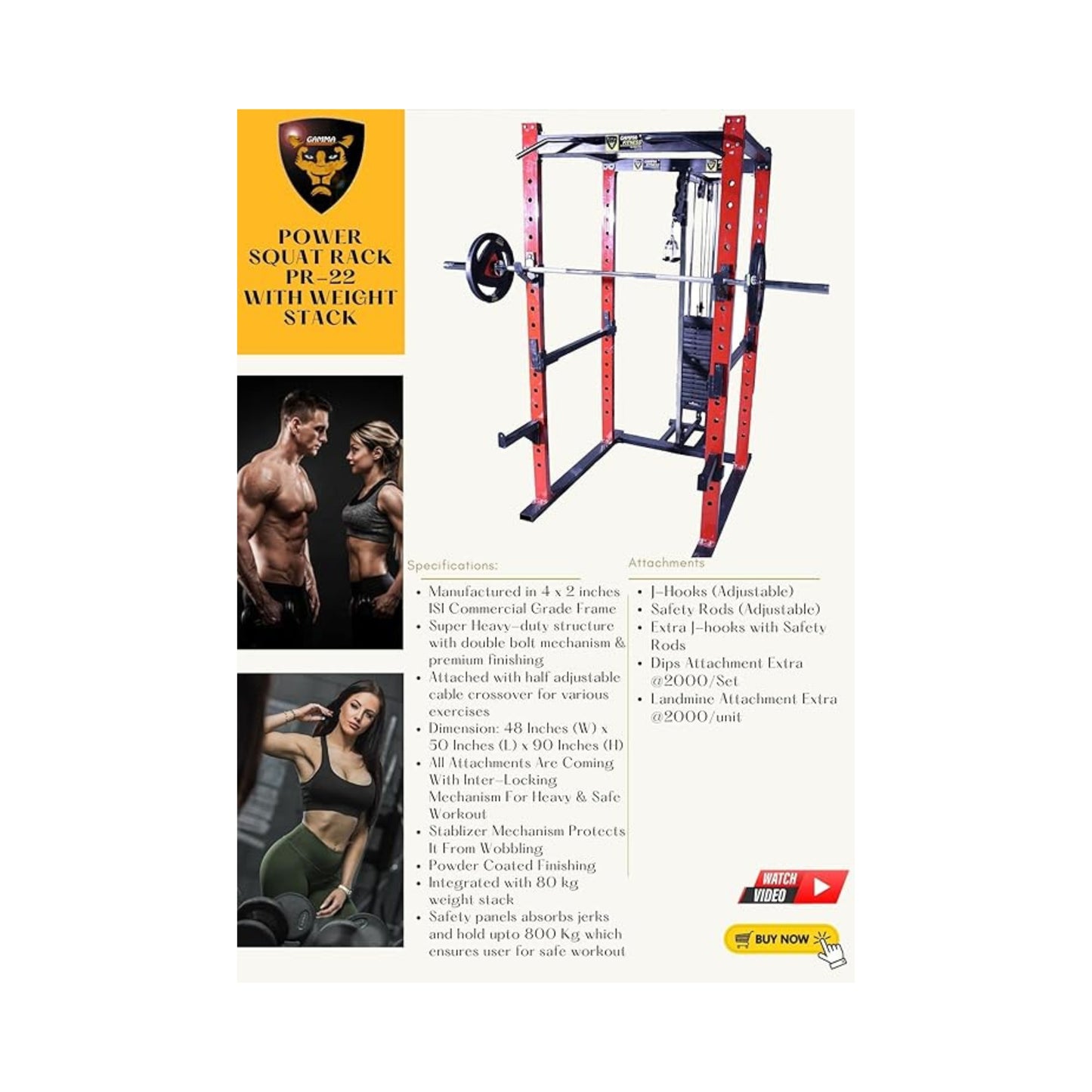 GAMMA FITNESS Power Squat Rack with Cable Crossover, Lats Pull Down and Rowing PR-22 in 4 x 2 inches Commercial Frame with Weight Stack